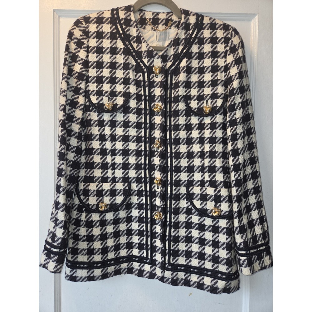 Vintage Escada By Margaretha Ley Navy And White Houndstooth Blazer. Gold...